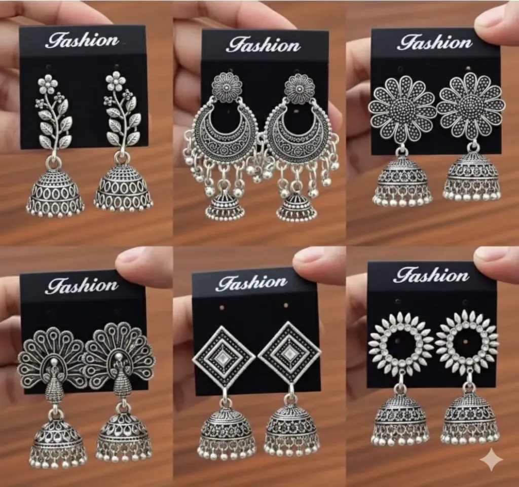 Trendy Oxidized Silver Jhumkas with Chandbali and Pearl Detailing – Fashionable Traditional Earrings for Women & Girls (6-Piece Set)