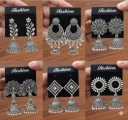 Trendy Oxidized Silver Jhumkas with Chandbali and Pearl Detailing – Fashionable Traditional Earrings for Women & Girls (6-Piece Set)