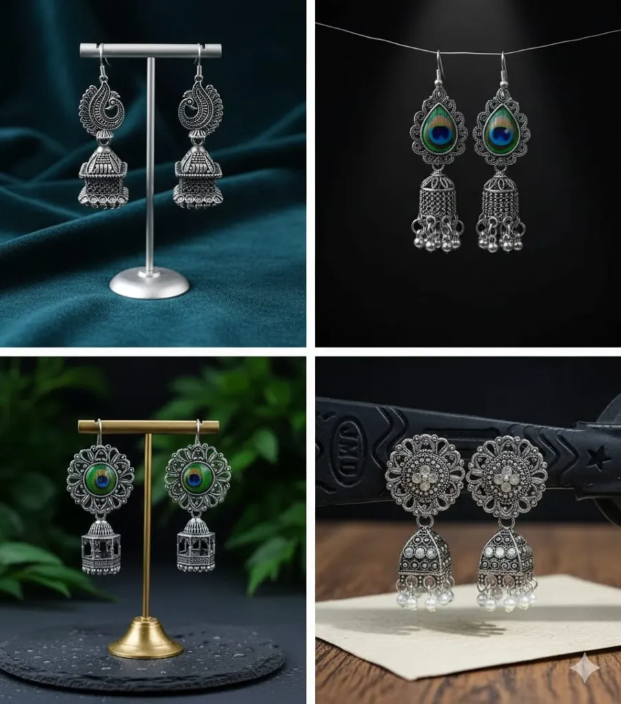 Pack Of 4 Pair Combo Oxidised Meenakari Jhumki Hoop Traditional Earrings for Women and Girls