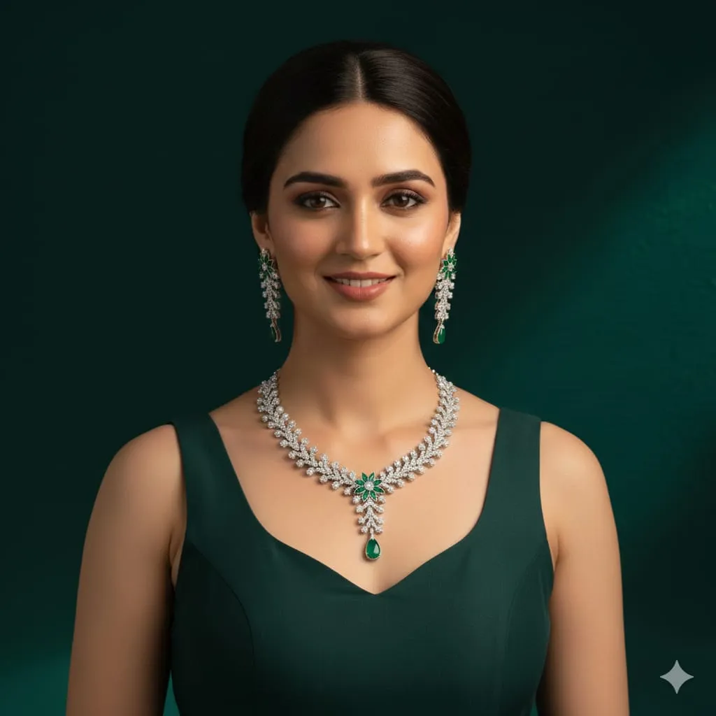 Green Silver Plated Jewellery Set For Women And Girls