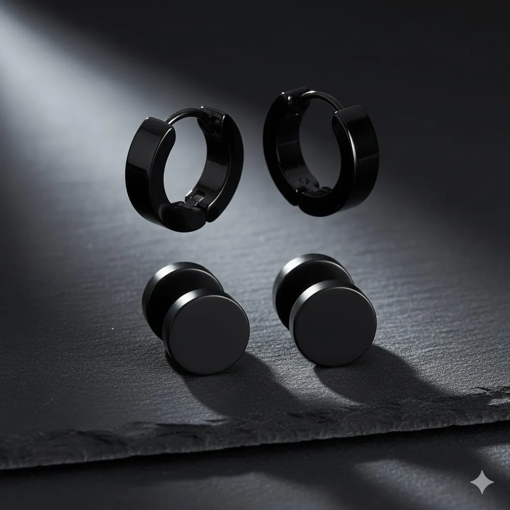 Stud Earrings for Men Combo of 2 Pairs Stainless Steel Dumbbell Black Stud Hoops Earrings for Men and Women