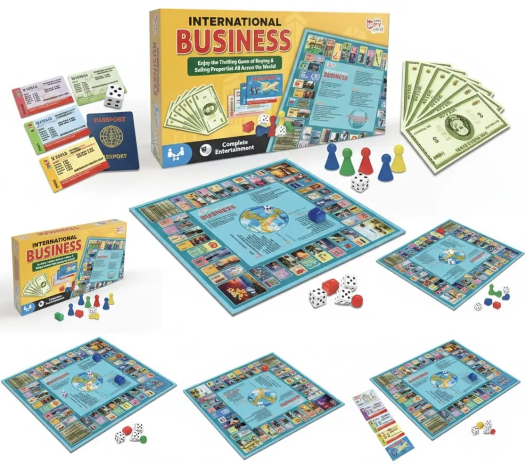 International Business Board Game for Kids & Adults - Business Game Set for Adults, Kids & Family - 14”x14” Foldable Game Board Big Size with Currency & Property Cards - Fun Game Board Game Travelling Game Strategy Games for Boys, Girls