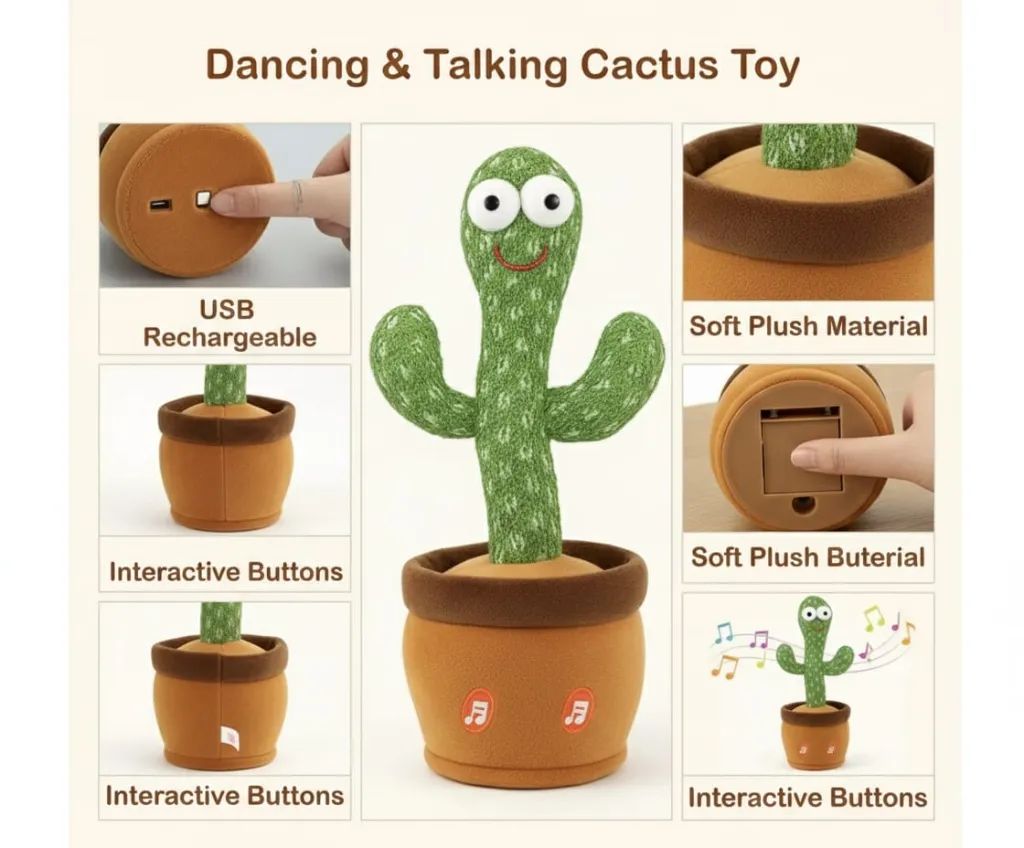 Dancing Cactus Toy Kids Talking Singing Wriggle Children Plush Electronic Toys Baby Voice Recording Repeats What baby Say LED Lights ,Wriggling Electronic Toy for Kids & Toddlers, Gift for Boys & Girls by PACKNSTORE
