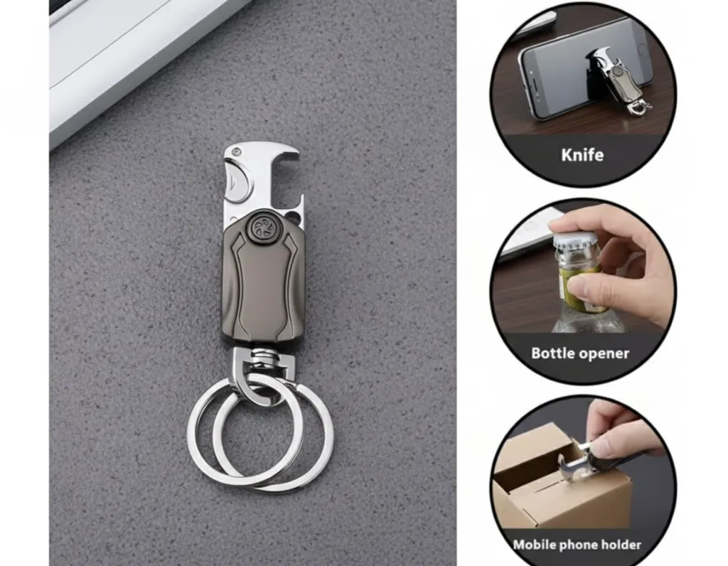 Multifunction Keychain 5 IN 1 Heavy Duty Dual Ring Metal Keychain with Cutter, Bottle Opener, Mobile Phone Holder, 360° Rotate Spinner - Outdoor Carabiner Portable Car Key Chain.