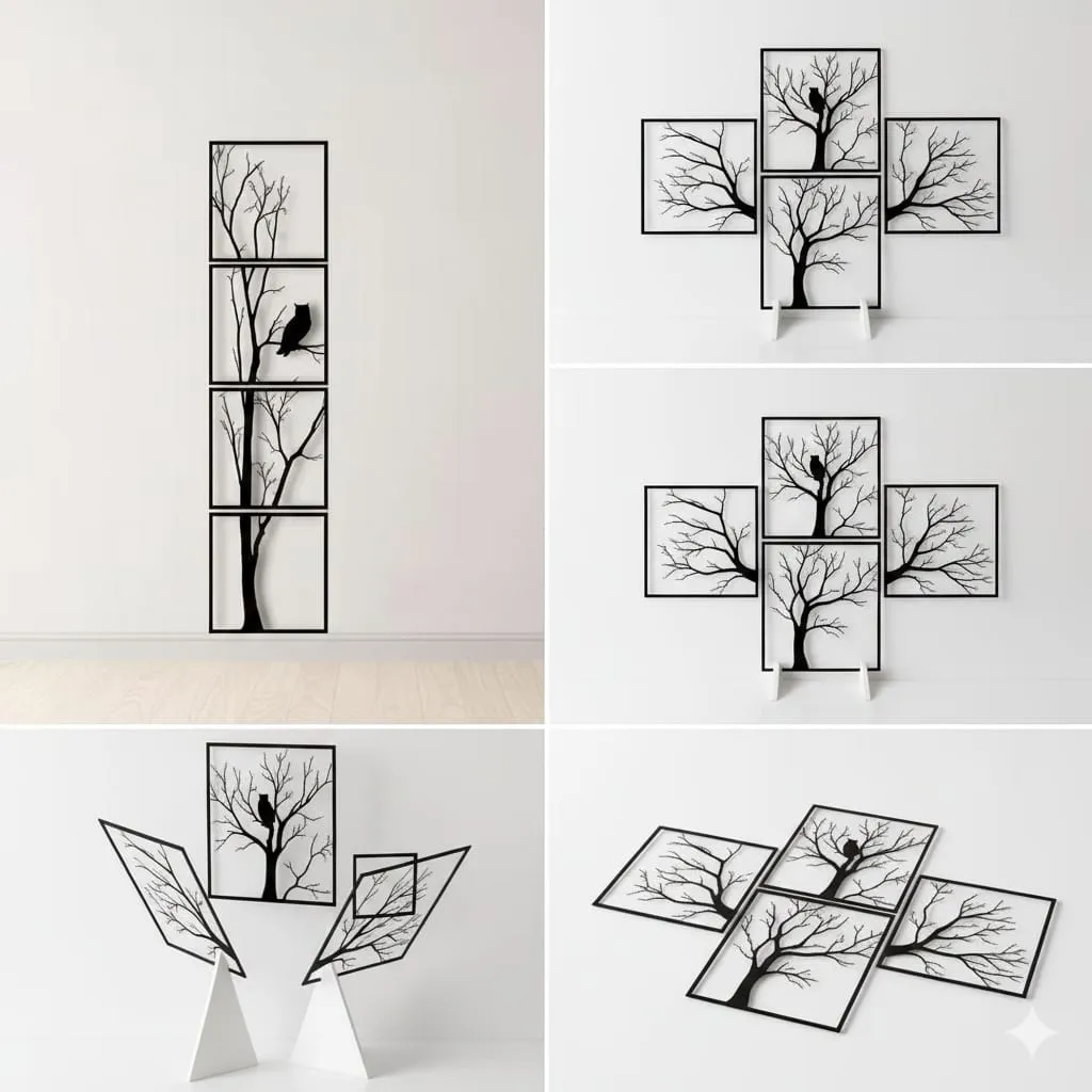 Elegant Tree Design MDF Wall Hanging Set – 8X8 Inches – Set of 4 Panels
