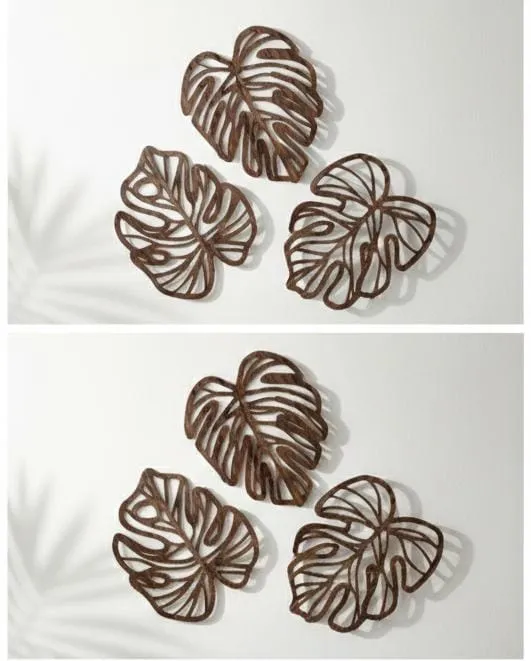 Tropical Wall Art 3 Pcs Wooden Palm Leaves Wall Decor Hawaiian Art Wall Decor Wooden Leaves Plant Wall Decor Vintage Tropical Plant Plaque for Home Bathroom Room Office(Brown)