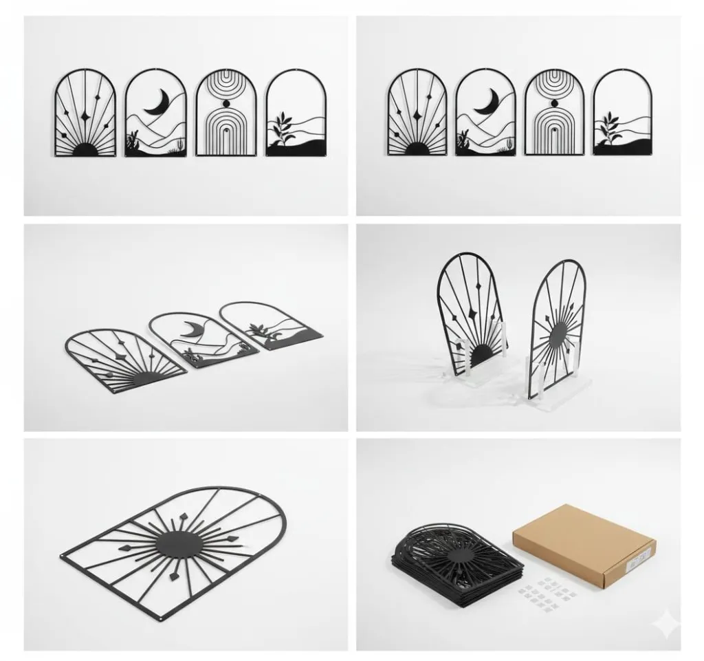 4 Pack Boho Abstract Wood Wall Art Decor Bohemian Line Art | Geometric Line Sun Moon Arch Leaf, 3D Textured Sculptures, for Living Room Bedroom